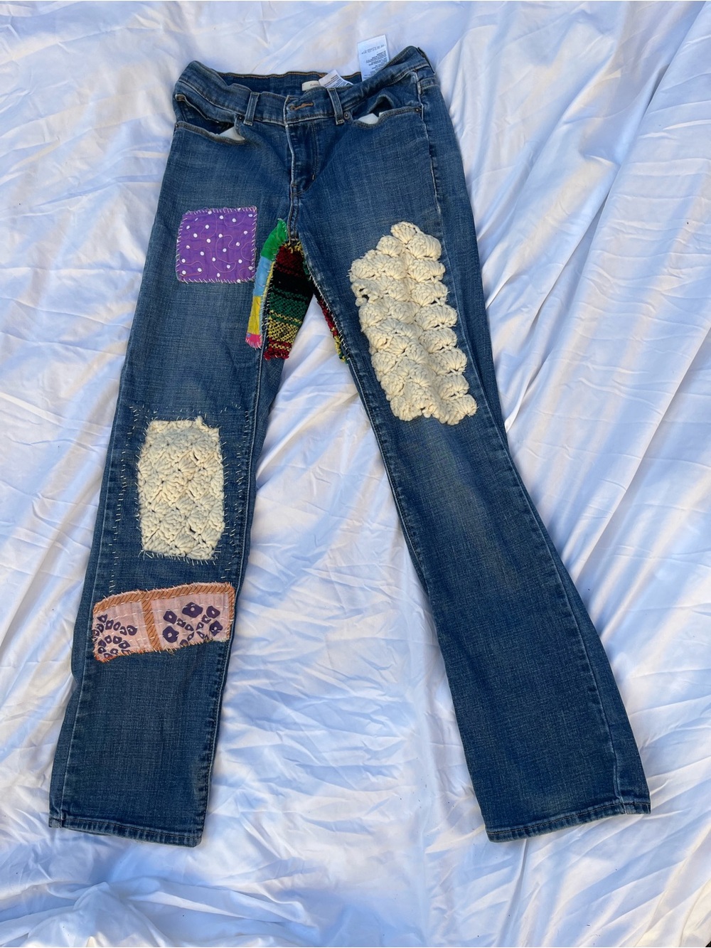 Levi's OOAK Reworked Crochet Patchwork Flare Jeans Rainbow Hippie Boho
